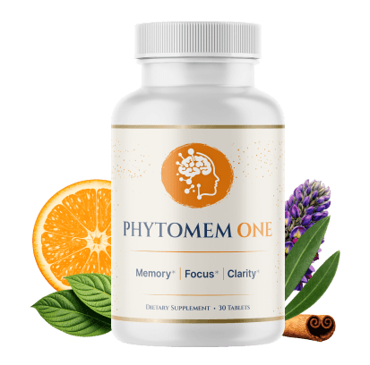 Phytomem One brain support supplement bottle with saffron, orange and cinnamon
